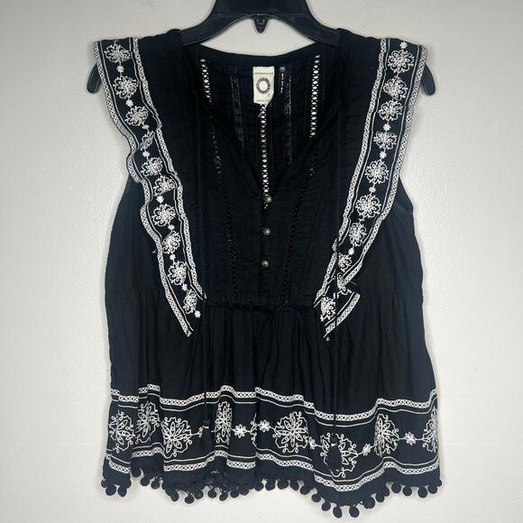 Anthropologie Akemi+Kin Adelina Embroidered Boho Peasant Top Sz 6P Poms Ruffles - Picture 2 of 10